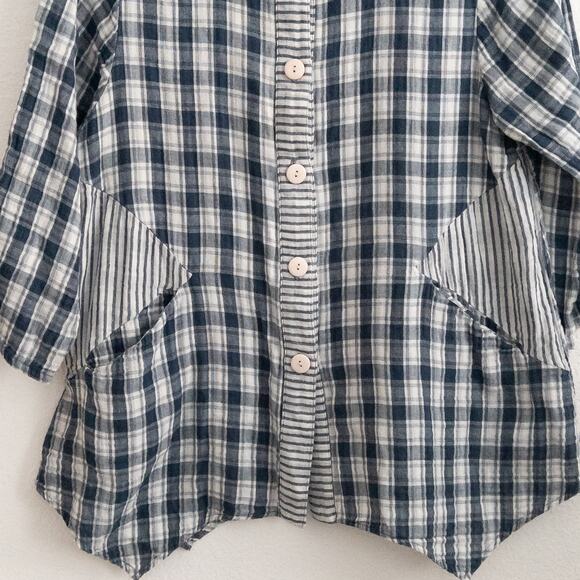 Yushi Blue and Cream Plaid and Stripe Button Down Top - Picture 3 of 5